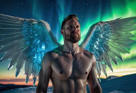 high quality, photo of 35 y.o scandinavian man, shirtless, with wings of translucent ice on his back, looking at viewer, detailed handsome face, skin pores, cinematic shot, dramatic lighting, on top of a mountain, aurora borealis in the sky