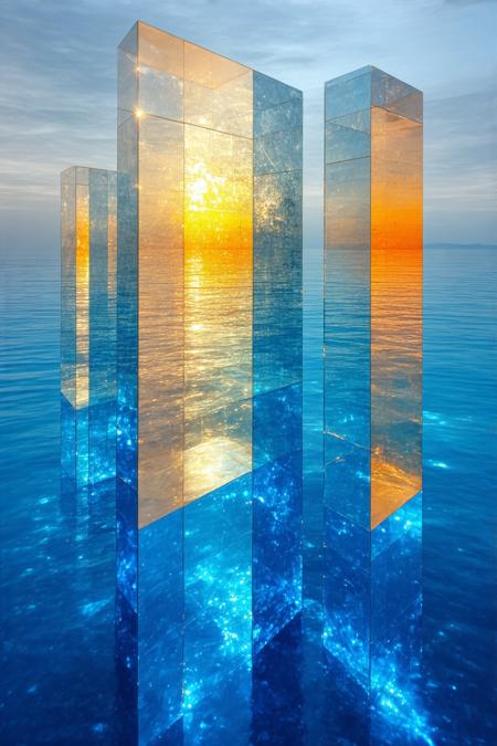 A fractured waterfront dissolves into crystalline geometry under a cubist sky, amber and saffron prisms refracting liquid light across cerulean planes. Low-angle perspective amplifies the surreal scale: jagged glass-like facets cascade toward a razor-thin horizon, converging at a focal point where angular structures mimic icebergs in a still, metallic sea. Picasso’s fractured forms merge with Mondrian’s minimalism; sharp shadows carve honeycombed textures into matte surfaces, while translucent blues bleed into citrus hues like watercolor on steel. Ethereal tranquility hums through the air, a shimmering heat haze blurring edges, with ghostly origami cranes hidden in the geometry.