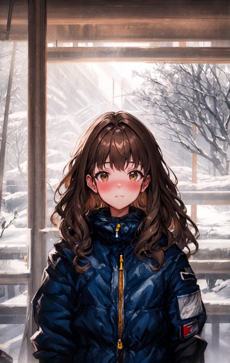 1girl, bangs, blurry, blush, brown_eyes, brown_hair, closed_mouth, curtains, depth_of_field, jacket, long_hair, looking_at_viewer, messy_hair, outdoors, snow, solo, upper_body, wavy_hair <lora:style_LM7:1>