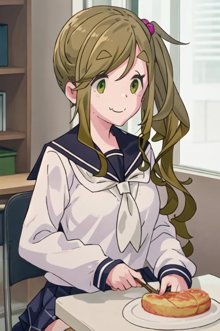 best quality, masterpiece, highres, solo, {inuyama_aoi_yurucamp:1.15}, thick_eyebrows, long_hair, fang, skin_fang, brown_hair, green_eyes, smile, closed_mouth, side_ponytail, hair_ornament, hair_bobbles, 1girl, blue_sailor_collar, motosu_school_uniform, neckerchief, sailor_collar, school_uniform, serafuku, swept_bangs, upper_body, indoors, long_sleeves, white_neckerchief