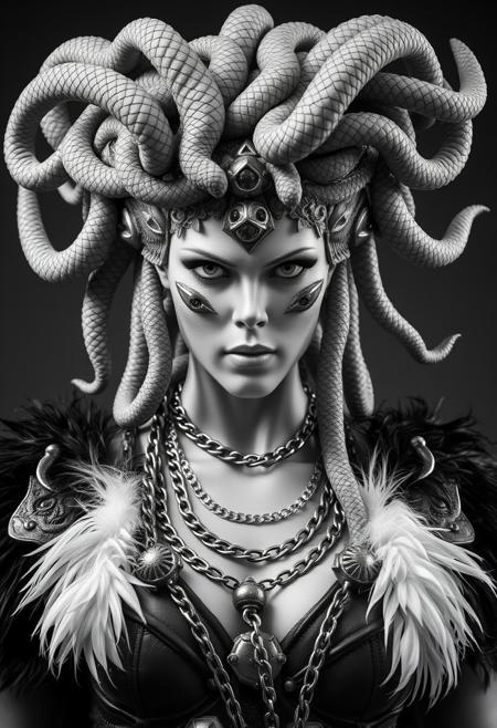 Close Up shot, front view of Medusa, aggressive look, beautiful, snakes in the hair, chains necklaces, feathers pauldron, fur cape, hyper realistic, ultra detailed black and white Photography studio style