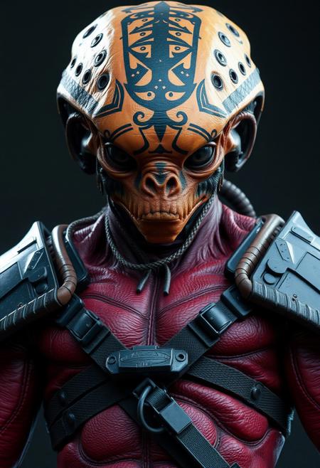 score_9, score_8_up, score_7_up, , large male alien with reddish leathery skin, alien has small dark eyes, skull has a hard carapace on top like a helmet, hulking physique, face like a turtle, mixture of turtle and lizard features, tribal paint on skull, wearing bulky futuristic combat armor, science fiction, ng_deepnegative_v1_75t, easynegative, verybadimagenegative_v1.3