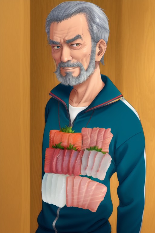 <lora:sashimiv5:0.6>, blue_T_tracksuit, mature beard thin old man, BREAK, yellow_towel on neck, (sushi locket, sashimi dog...