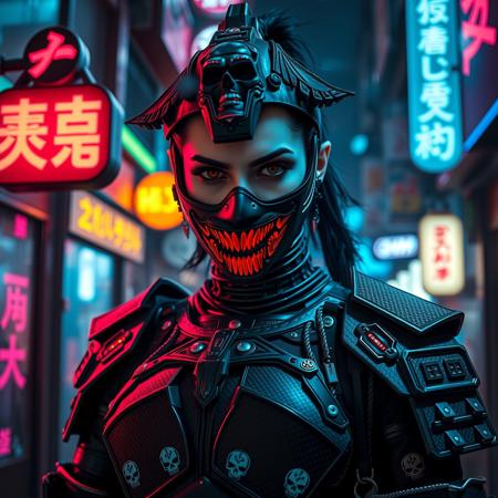  A photorealistic full-body vertical portrait of a fierce goth vampire samurai girl with pale skin and sharp, aggressive features, set in a dystopian Neo-Tokyo inspired by Blade Runner. She has intense goth makeup with heavy black eyeliner and dark eyeshadow, and a cold, defiant gaze. Her mengu mask is gothic and futuristic, with skull motifs, spiked edges, and glowing engravings in neon red and electric blue. Her samurai armor blends tribal and cyberpunk influences: black carbon fiber plates, crimson LED accents, turquoise circuitry, and angular, tech-enhanced design elements. She stands confidently in a rain-slick neon-lit alley, surrounded by holograms, mist, and glowing kanji signage. The atmosphere is dark, cinematic, grainy like 16mm film, and full of cyberpunk tension. No text or letters appear in the image.   The atmosphere is moody and cinematic, with soft bokeh, dramatic lighting, and a grainy 16mm film look. Highly detailed, rich in emo and goth influence, with no text or letters in the image.

Simulating Kodak Ektacolor Pro 160, with a custom white balance at 5500K. cinematic lighting, analog film, film grain, kodak chrome, cool cinematic tones,high contrast, sharp details, with moody lighting that adds depth,. (cinematic atmosphere:1.3), deep photo, depth of field, (black hair)), , (ambient occlusion), (cinematic lighting:1.3), (4K image quality:1.3), (sharp detail:1.3), (highly realistic:1.3), (dim warm cinematic lighting:1.3)
