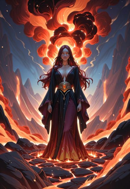 A volcanic sprite with hair like flowing lava, strands glowing orange and red, tipped with obsidian black. Her skin shimmers like cooled magma, cracked with veins of molten gold. Eyes burn like twin embers, reflecting the heart of the mountain. Delicate features framed by brows of dark ash. Lips the color of molten copper part to reveal a smile both dangerous and alluring. Clothed in robes of woven smoke and hardened lava threads, shifting between solid and mist. Standing on a basalt cliff where earth bleeds fire, surrounded by floating cinders that glow like fallen stars. The air tastes of sulfur and heated stone. A dancer on the edge of creation and destruction.