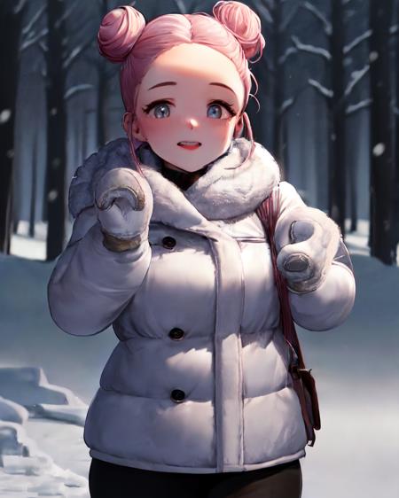 <lora:e7 Choux:1> e7 Choux, pink hair, two hair buns, comb over hair, clear forehead, plump cheeks, closed oversized white fur coat, white mittens,
playing in the snow, snow falling, outdoors, snowy woods,
(masterpiece),  best quality, highres, 4k, 8k, Detailed Illustration, intricate detail, cinematic lighting, amazing quality, 1girl, fit female, amazing shading, soft lighting, facing camera, perfect eyes