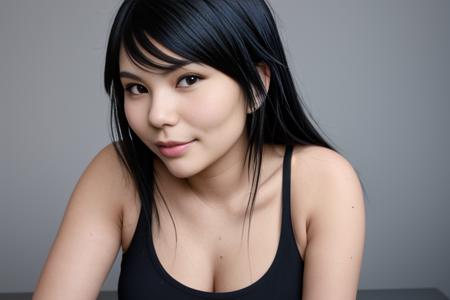 a portrait of DEN_lusia_SG in front of a [plain black background] wearing a black tank top, collarbone, [headshot], [centre frame], looking at the camera, facing the camera,
[gentle smile closed mouth], dynamic lighting, mole above her lip on the right,
photorealistic, high detail, detailed, masterpiece, 8k, highres, flawless, colour, professional