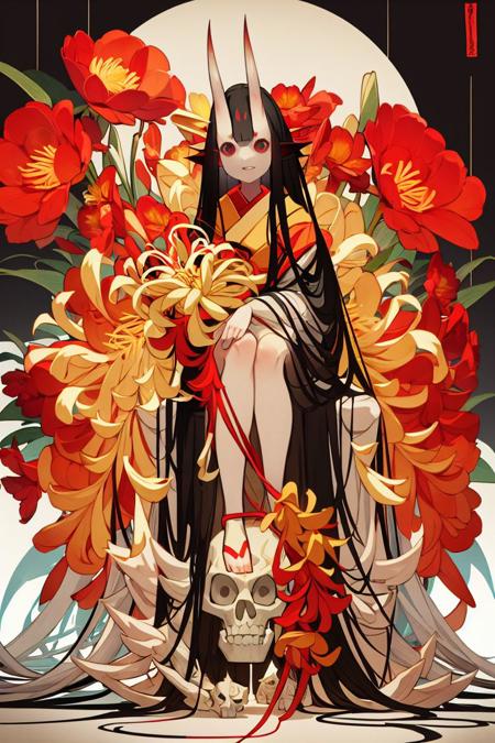 masterpiece, <lora:Shie_Nanahara-49:1>
Shie_Nanahara, 1girl, solo, long hair, looking at viewer, black hair, red eyes, long sleeves, holding, sitting, very long hair, flower, parted lips, japanese clothes, horns, wide sleeves, kimono, red flower, oni horns, skull, oni, absurdly long hair, black kimono, spider lily, holding skull, detailed face