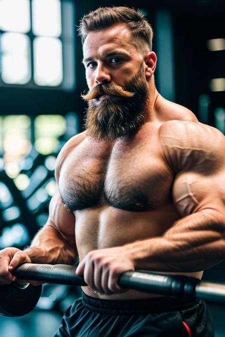 cinematic photo happy man big muscles, beard, moustache,   out of focus gym background . 35mm photograph, film, bokeh, professional, 4k, highly detailed