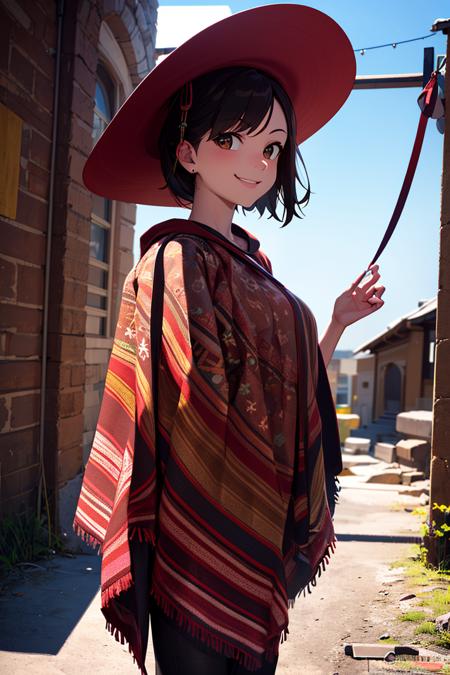 ((masterpiece,best quality)), absurdres,
<lora:Poncho_v3:0.8>, Poncho, 1girl,
solo, smiling, looking at viewer, cowboy shot,
cinematic composition, dynamic pose,