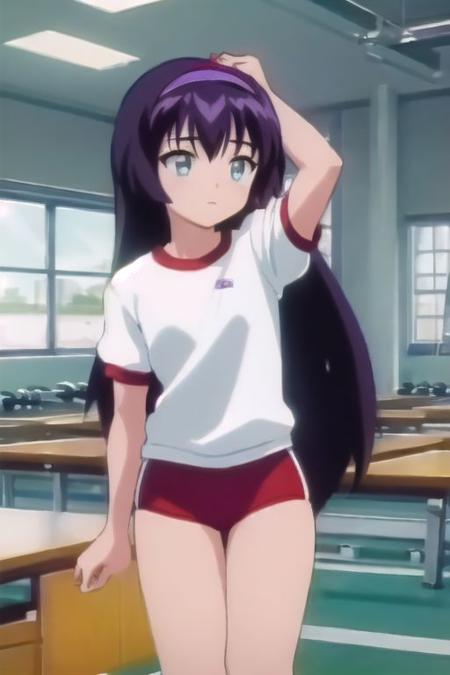 amano_misao, aqua eyes, black hair, purple hair, long hair, aqua hairband, hair between eyes, masterpiece, best quality,, (((Gym clothes))),(((gym_shirt))), (((red_buruma))),, school, classroom,