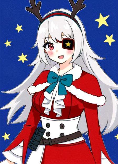 1girl, solo, christmas, long hair, eyepatch, fur trim, red eyes, santa costume, antlers, capelet, bow, hairband, looking at viewer, white hair, simple background, red capelet, belt, grey hair, smile, fur-trimmed capelet, fake antlers, white background, dress, long sleeves, bangs, skirt, blush, bowtie, closed mouth, upper body, star (symbol), open mouth, frills, reindeer antlers, breasts, standing, blue background, cape, red dress, medium breasts, red skirt, long hair
<lora:reinaFortnite-09:0.7>