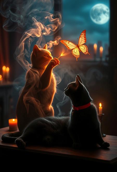 A mesmerizing image of smoke lit with a heavenly light elegantly forming a lifelike cat silhouette reaching its paw out to touch a glowing translucent ethereal butterfly with a beautiful light shining from within, the smoke cat silhouette is sitting on a table next to the body of a black cat with a red collar. The intricate details and vibrant colors of the cat, along with the perfect balance of smoke density and airiness, create an incredible visual effect. The background reveals a mystical or enchanted setting, possibly a dimly lit room with candles, a burning incense, and a moonlit sky. The combination of photo, illustration, 3D render, and painting techniques make this piece a true masterpiece., 3d render, photo, painting, vibrant, illustration.