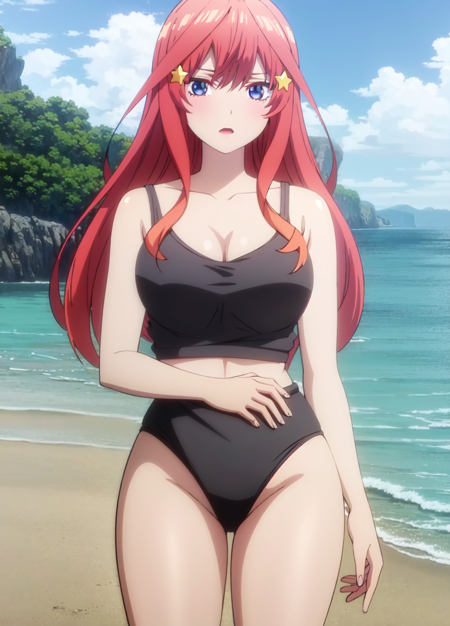 1 girl, itski, itsuki nakano, tall, adult, mature, season1, red hair, long hair, star hair ornament, black bra, black panties, nsfw, lewd, sexy attire, revealing clothes, looking at viewer, beach background, sky, anime screencap, anime coloring, very colorful, 8k masterpiece, blue eyes, standing, (waifu, anime, exceptional, best aesthetic, new, newest, best quality, masterpiece, extremely detailed:1.2),, masterpiece, best quality,<lora:Quints-50:1>