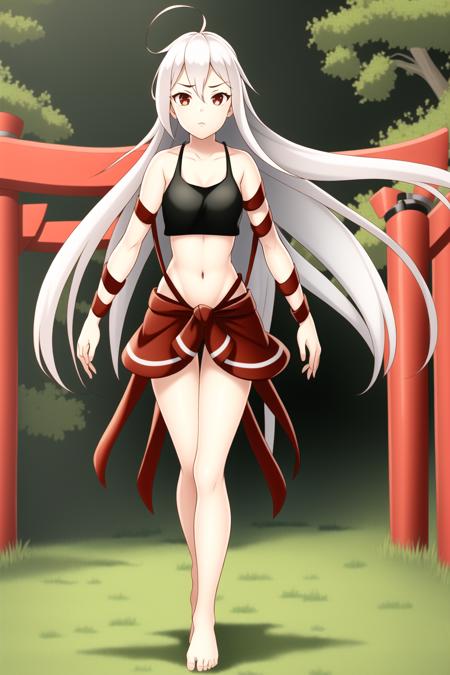 1girl, white hair, long hair, red eyes, chiya, tank top, red skirt, black top, red bottom, ribbon on arm, red ribbon, stomach, navel, bare legs, barefoot, full body, armpits, red japan gates, torii gates, (forest background), high detailed background, grass, staying on grass, staying in grass, high grass