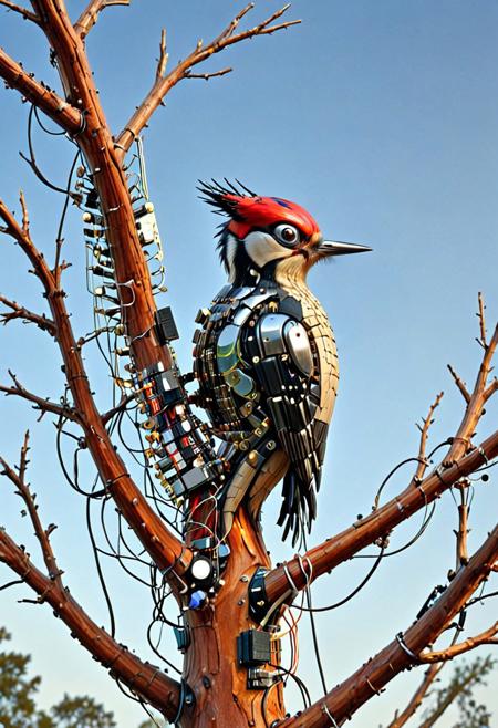 woodpecker made of transistors while making a hole in a large tree made of transistors, sparkly sky, mobe-cybideen,