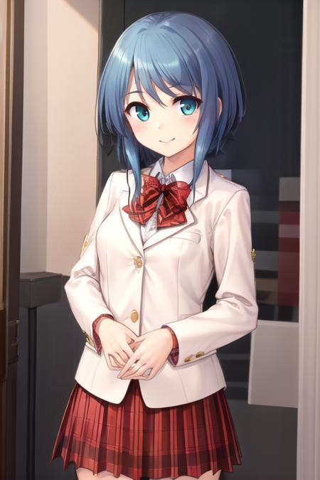 Takigawa Aoi short hair,blue hair,sidelocks,aqua eyes blazer,light pink jacket,wing collar,red bowtie,plaid bowtie,white shirt,collared shirt,long sleeves,medium breasts,miniskirt,red skirt,pleated skirt,plaid skirt,black socks,loafers