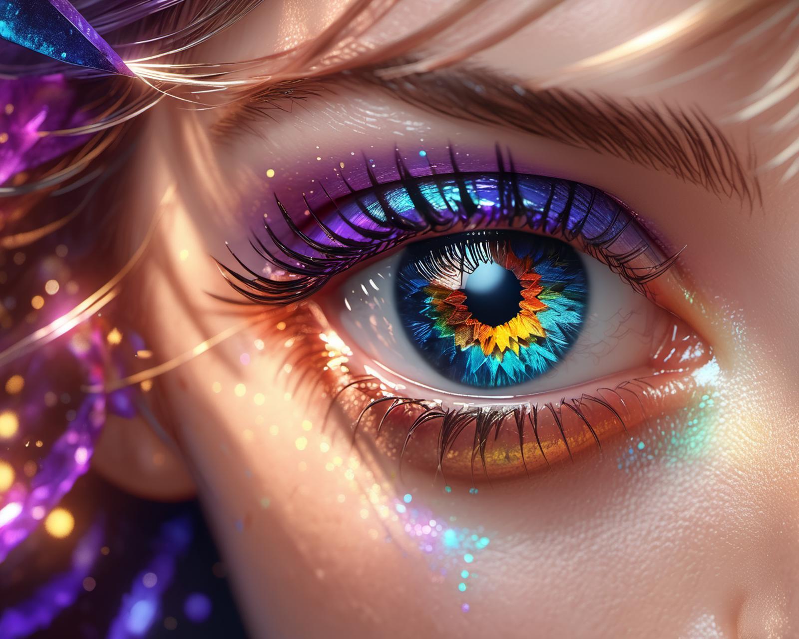 An artistic and colorful close-up of a woman's eye with a purple and blue eye shadow.