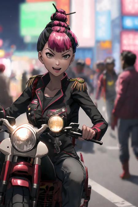 a girl riding motorcycle in road, face focus, :D, upper body
yuma lau, black hair with pink hair bun, gray eye, military uniform, big breast
in night city, bustling streets of Shanghai that bustle with people, neon light, speed line, sitting on motorbike
blurry background, lens blurring, dark night 
 <lora:R2W_FC4_0807_f5-64:1>