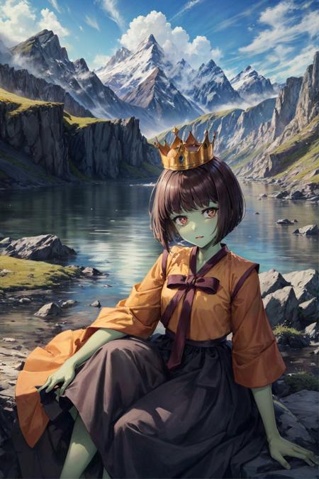 anak zahard, 1girl, green skin, korean clothes, bob cut, crown, solo, looking at viewer, potrait, sitting on rock, rock, mountain, (masterpiece:1.2, best quality)