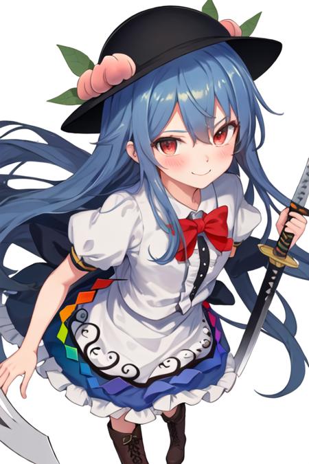 best quality, masterpiece, highres, solo, {hinanawi_tenshi_touhou:1.15}, blue_hair, long_hair, red_eyes, peach, food, fruit, hat, blush, black_headwear, bow, leaf, hair_between_eyes, 1girl, looking_at_viewer, short_sleeves, skirt, sword_of_hisou, boots, dress, smile, sword, weapon, puffy_sleeves