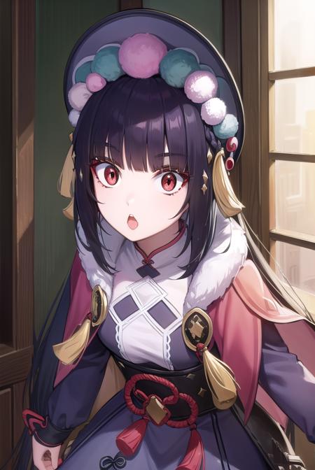 yunjin, <lyco:yunjin-lyco-nochekaiser:1>,
yun jin, black hair, blunt bangs, braid, eyeshadow, long hair, makeup, purple hair, (red eyes:1.5), red eyeshadow, (small breasts:1.2), <lora:surprised_v100:1>, <lora:talkmouth_U_v100:1>, open mouth,
BREAK black footwear, boots, chinese clothes, fur trim, hat, knee boots, long sleeves, pantyhose, pom pom (clothes), purple pantyhose,
BREAK indoors, theater,
BREAK looking at viewer, (cowboy shot:1.5), upper body,
BREAK <lyco:GoodHands-beta2:1>, (masterpiece:1.2), best quality, high resolution, unity 8k wallpaper, (illustration:0.8), (beautiful detailed eyes:1.6), extremely detailed face, perfect lighting, extremely detailed CG, (perfect hands, perfect anatomy),