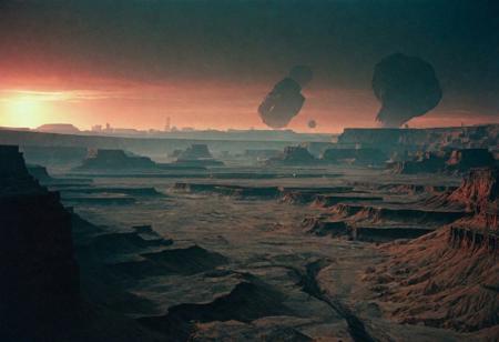 Dark Gray and black landscape, with deep canyons, desolate wasteland, Stone ruined monoliths littering landscape, sci-fi aesthetics, film photography style, a moody picture of Gas Giant alien landscape composed primarily of hydrogen and helium, with no solid surface and a thick atmosphere, cloudy weather, Red sunlight, muted colors, hazy, vintage, analog style, Busy crowded city strret, City<lora:SDXL_FILM_PHOTOGRAPHY_STYLE_Alphav0.2:1>