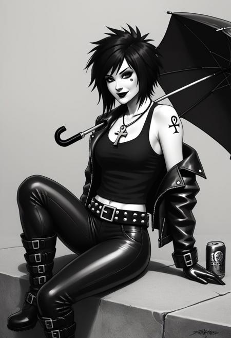 dsk_death jewelry, necklace, ankh necklace, black tank top cleavage, makeup, bare shoulders, tattoo, black boots black pants greyscale, monochrome,