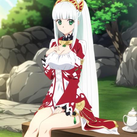 lailah (tales), 1girl, solo, (white hair:1.4), long hair, ponytail, bangs, (green eyes:1.2), blunt bangs, hairband, sidelocks, hair ornament, narrow waist, slim waist, looking at viewer, red dress, cafe, highres, absurdres, (hand on own chest:1.3), big eyes, sitting on desk, (from below:1.4), feet out of frame, photorealistic