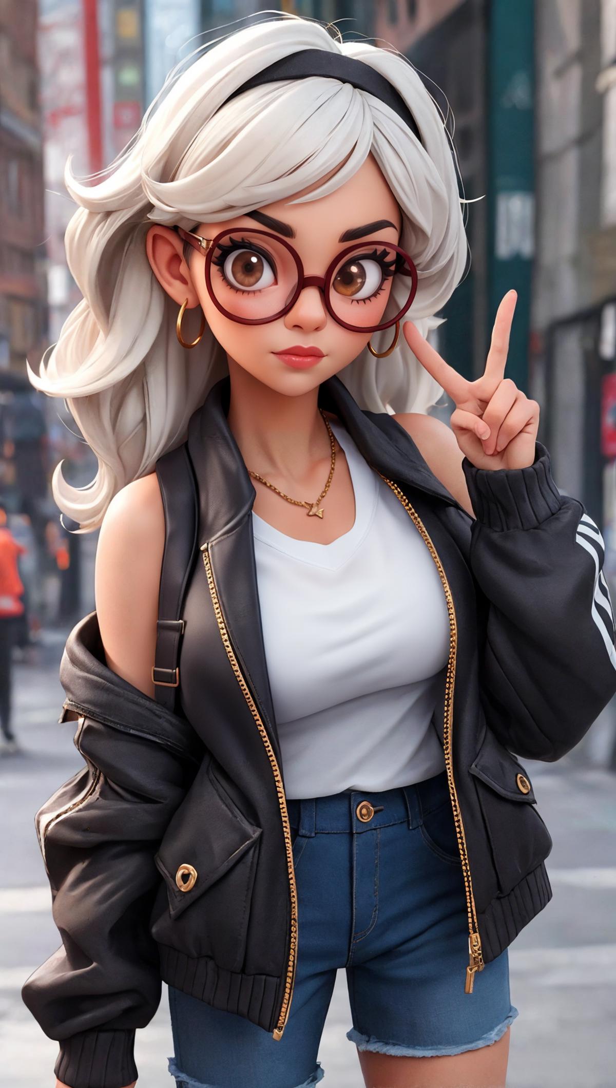 A cartoon woman wearing a black leather jacket and glasses.