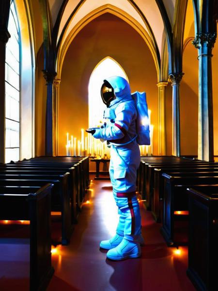 In a quiet chapel:1.1, the astronaut:1.2 lights a candle:1.15, offering a cosmic prayer for guidance. , <lora:Astro_Life:0.8>