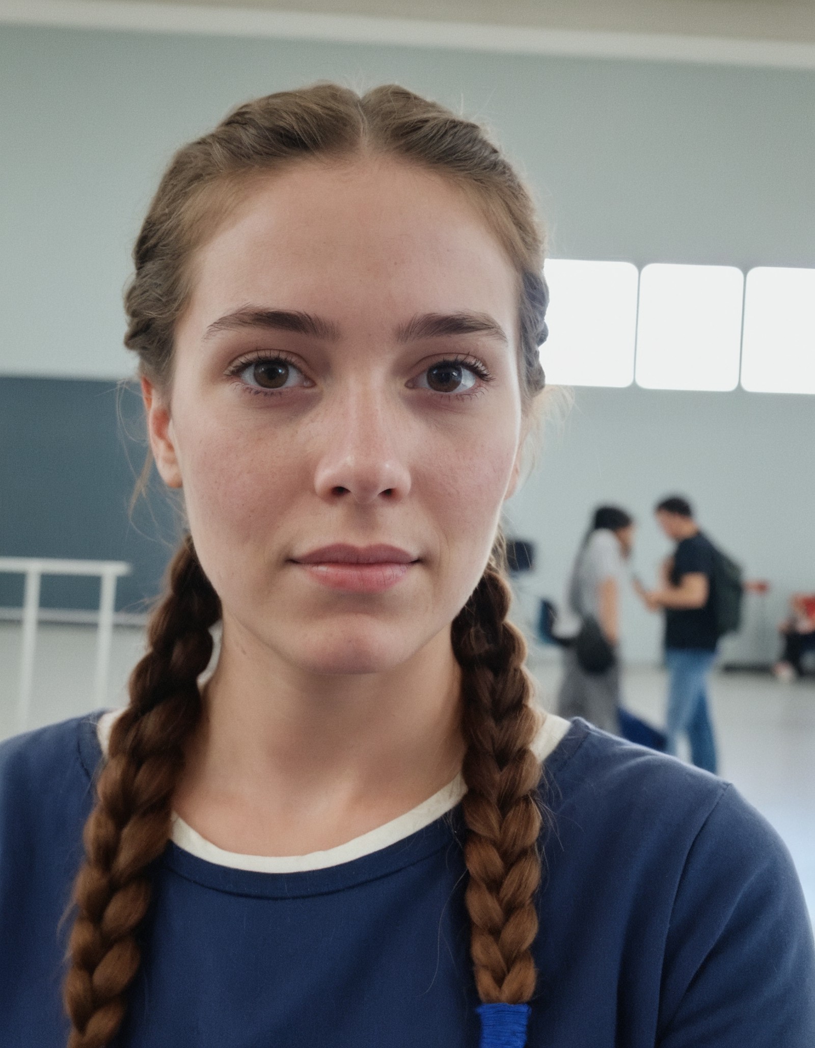 amateur cellphone photography woman with Dark brown French braid hair at flight school, (freckles:0.5) . f8.0, samsung gal...