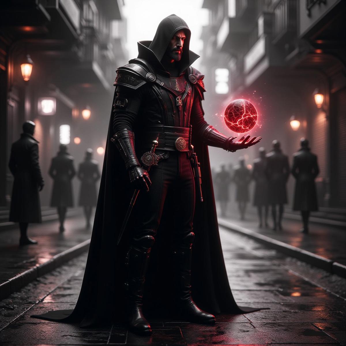 6'3" tall man, weighs 250 pounds, black pointed beard, blood red eyes, toned body, black pants, black boots, black long sleeve shirt, black leather gloves, black hooded cloak, hood pulled up over head, belt holds a sheathed yataghan sword on the left and a bejeweled golden scepter on the right.
His right hand is held out and a red and black ball of crackling glowing energy rests within it. The energy ball casts red reflections off of him.
Standing on a sidewalk in a futuristic street scene.
His face lies in a faint shadow and his eyes seem to glow slightly.