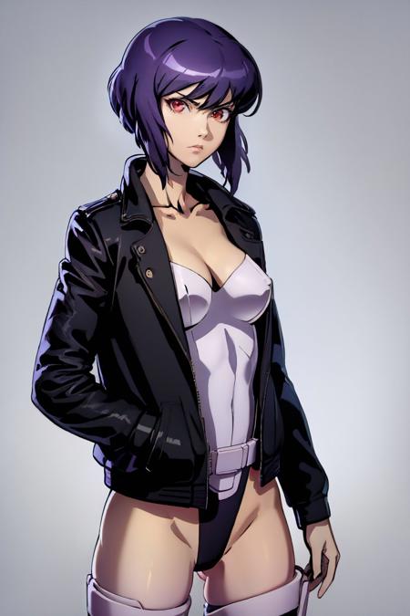 <lyco:style_datcravat-10:1.0>, <lyco:ghostintheshell_kusanagi_sac-10:0.8>, cowboy shot, solo, 1girl, kusanagi motoko, expressionless, closed mouth, looking at viewer, jacket, leotard, thighhighs