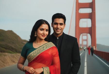Cinematic composition. 35mm camera, Sharp image, Very detailed face.  Create a highly realistic full body portrait of a young couple, slight smile,  camera focused around 24 years old couple. The image should be detailed and lifelike, making it challenging to discern whether it's a real photograph or a digital creation. Focus on achieving realism in facial features, skin texture, and hair, and ensure the lighting contributes to the overall authentic appearance. San Francisco golden gate bridge in background on left side dominating  the photo. couples on right side. Boy in black coat. Girl in red saree. green and gold filter. Bridge on left side. Couple on right side. Romance. Sharp eye brows and sharp nose