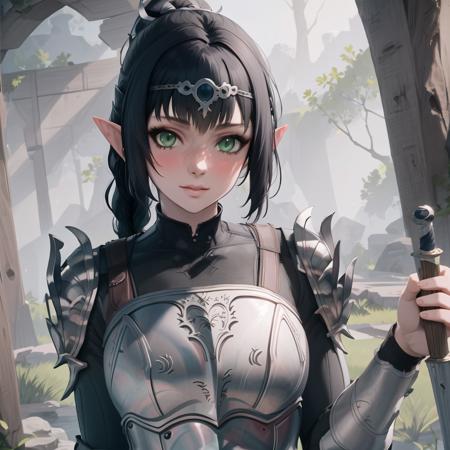 Shadowheart, armor, black hair, pointy ears, bangs, circlet, ponytail, green eyes, braid