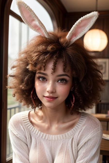 one girl,solo, (a beautiful and delicate girl:1.3), (parted lips:1.3), break, ((wearing White fluffy sweater and put on rabbit ears:1.4)), bare-legged, break, Very fine grain definition, (Symmetrical eyes:1.3),(glowing eyes),blush, break, (thigh gap),(droopy eyes),natural makeup , long eyelashes, break, Small breasts, pink eyes, Parted bangs, ((fluffy afro hair, coppery hair:1.3)), little smile, break, (Eyes and facial details:1.0), break, (masterpiece, highest quality, Super detailed, Detailed face, 8k)