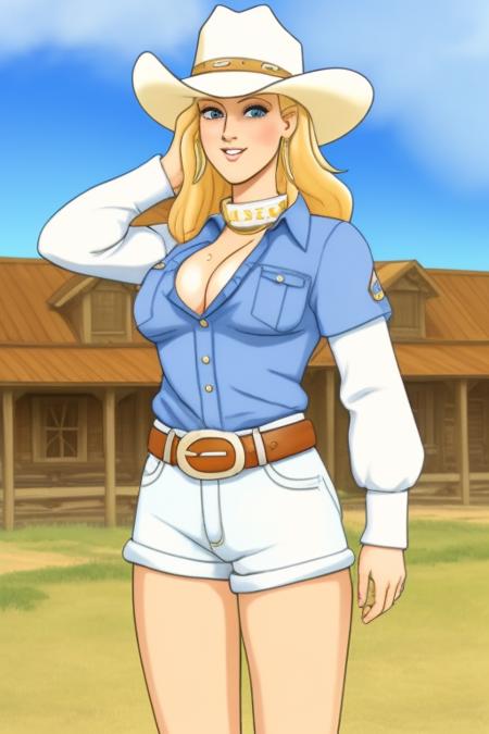 highest quality, award-winning,(sexy pale woman rancher with beautiful blonde hair), ((pretty face)), seductive look, (wearing cowgirl outfit, daisy dukes), athletic body, small breasts, large ass, candid, (breast worship:0.7), (detailed skin), [beauty marks], freckles, outdoors, standing in front of old western tavern, (storm clouds in the sky above), stormy weather, (highly detailed), full body, cowboy shot