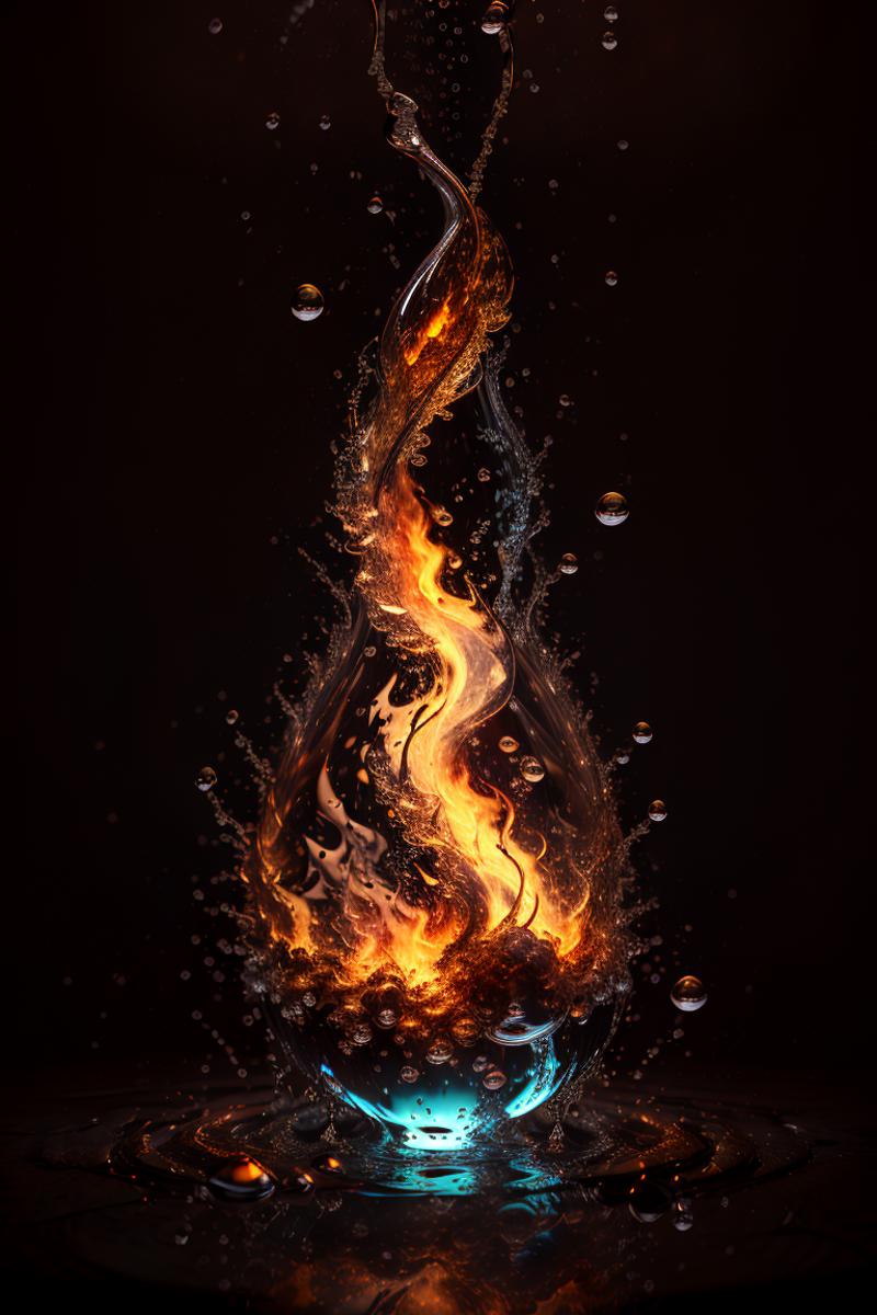 A bottle with an orange flame coming from the top, surrounded by bubbling water and droplets.