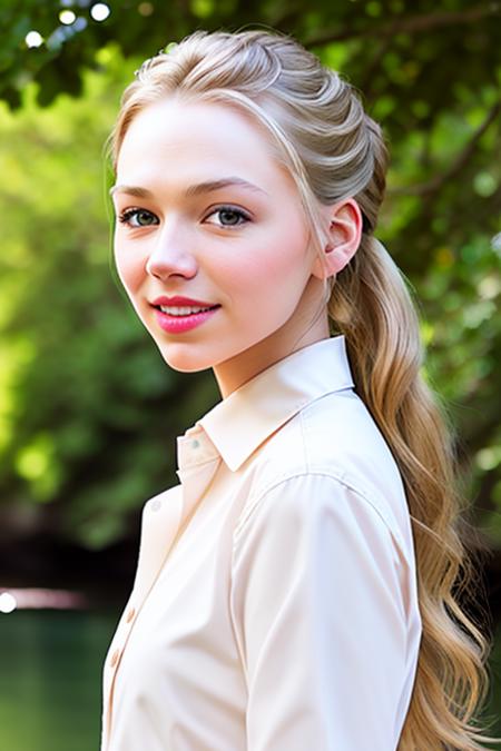 a photo of AM001_Liv_A_v2,
25 years old woman weared (long-sleeve shirt:1.2)
walking along the riverbank in the city, 
soft light, golden hour, cheerful mood, shoulder shot, close up, 
4k textures, natural skin texture, skin pores, adobe lightroom, photolab, intricate, highly detailed, sharp focus, professional photo, insane details, intricate details, hyperdetailed, hyperrealistic