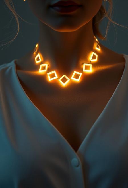 subdermal LED jewelry, (implant fashion:1.6), (internal LED glow:1.5) beneath the skin, (embedded LEDs:1.6) forming illuminated necklace shapes under the skin, soft golden light glowing from beneath, (elegant blouse:1.5), sapphire-like LED glow on the clavicle, (modest clothing:1.4), fabric seamlessly designed to complement subdermal technology, high-definition, (natural skin tone:1.5), soft light diffusion from under the skin, ultra-realistic textures, (tech-enhanced blouse:1.4), advanced subdermal lighting, (futuristic elegance:1.5), soft fabric gently covering the body, smooth light transitions under the skin, (modest fashion:1.4), sleek, refined style, high-resolution, delicate glowing effects, subtle implanted technology, modern, tech-based elegance, (nudity:-1.5), (revealing:-1.5), (suggestive:-1.5), (provocative:-1.5), (overexposed:-1.3), (worn jewelry:-1.5), (immodest:-1.4), (unclothed:-1.5), (explicit:-1.6)