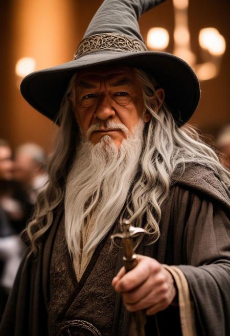 Gandalf cosplay, from the movie Hellraiser, at the cosplay convention, depth map, dark palette, highly professional, medium shot, dramatic lighting, extremely beautiful, (intricate details, masterpiece, best quality:1.4), Cinematic film still, shallow depth of field, highly detailed, high budget, bokeh, cinemascope, epic, gorgeous, looking at viewer, dynamic pose