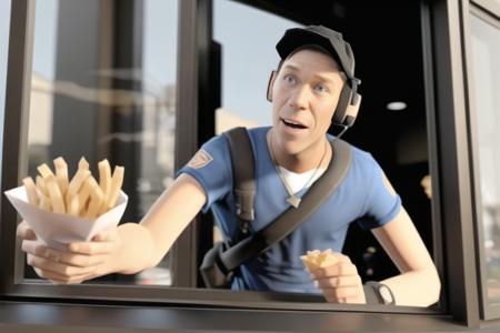 tf2scout in the drive-thru window, (masterpiece), absurdres, best quality, close-up, holding out a bag of fries, <lora:tf2mercs:1>
<lora:Drive-Thru Window Operator:0.7>