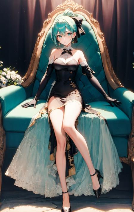 <lora:style_Rella:1> 1girl, aqua_eyes, aqua_hair, bangs, bare_shoulders, beamed_eighth_notes, black_bow, black_footwear, black_neckwear, black_ribbon, black_skirt, blue_hair, bow, chair, closed_mouth, constellation, couch, dress, earrings, elbow_gloves, fireworks, flower, frills, full_body, galaxy, gloves, green_eyes, green_hair, hair_between_eyes