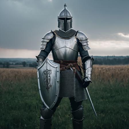 A photo of a medieval knight standing in a field, plate armor, shield, sword, cloudy sky, smoky environment, epic, perfect, masterpiece, cinematic lighting, ultra detailed, 8k