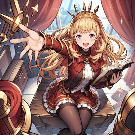 1girl,full body,(laonanren \(base\)),
crossed legs, sitting,
hugging a huge thick open book,
red dress,shirt, black legwear, boots
blonde hair,purple eyes,
open mouth,smile,
classroom, 
masterpiece, best quality, ultra-detailed, comic, illustration,
<lora:GBF_LNR128_y-000014:0.6>