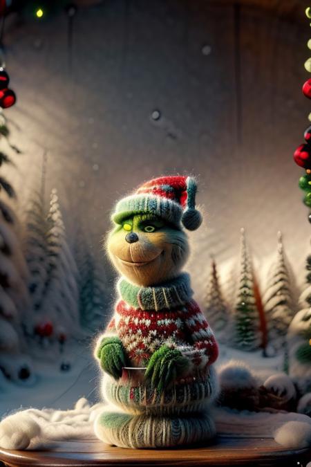 christmassweater, Masterpiece, 1female, detailed, realistic photo, portrait, face focus, close up, European, female, red lips, gentle smile, 28 years old, realistic high detailed face, natural eyes, anatomic correct bodies, lots of detail, colorful, hdr, strong, mature female, beautiful, cinematic, elegant, hyperrealistic, hyperrealism, Christmas sweater, colorful sweater, garden, winter, Christmas tree, Christmas decorations, Christmas, hands hidden, hands out of view, Grinch, animal focus, Santa hat.