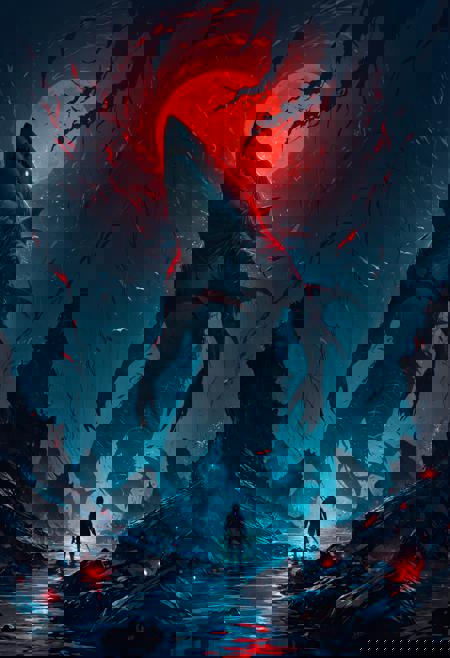 linquivera, liiv1, Ink illustration, anime, blue and red tones, aged black red paper, inkpunk, underwater, shark, sharp teeth, dark, gloomy atmosphere, ominous silhouette, cracked rocks, shadow of fishes, shadowy, oppressive, dark red eyes, moonlit, lonely, solitude, highly detailed, UHD, long exposure, chilling silence, sinister presence, heavy