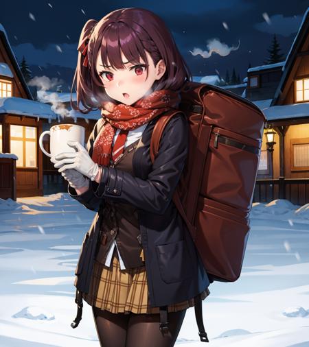 <lora:Wa2k:1>,
1girl,Wa2k,scarf,coat,white gloves,necktie,snowflake print,brown skirt, pantyhose,enpera,one side up,hair ribbon,snow,village,backpack,night,holding mug,steam