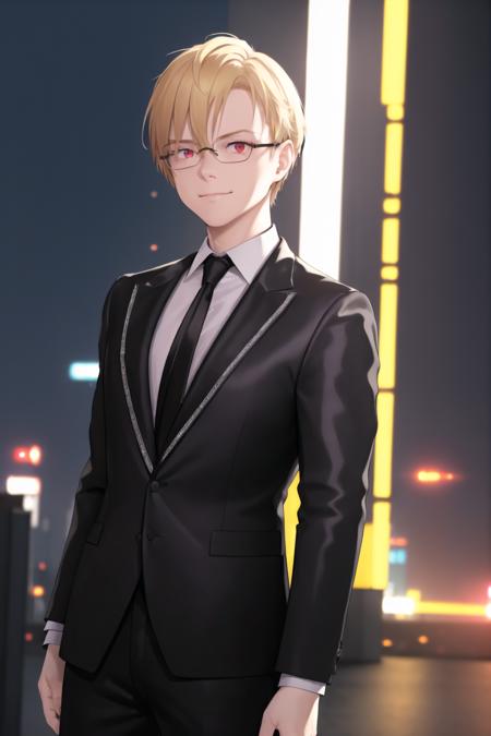 (Night:1.7), Cyberpunk, cityscape, Outdoors,
Standing at attention,
business suit, Black_jacket,White_shirt,Black_tie,
<lora:Joshua_Chan_Young-V1:0.4>,Glasses,<lora:Ashizawa_Saki_RIOT_MUSIC-KK77-V1:0.5>,
bangs, blonde hair,red eyes,
1 Man, 30yo,male,looking at viewer,(upper_body:1.7), (Close-Up),
NSFW,official art,extremely detailed CG unity 8k wallpaper, perfect lighting,Colorful, Bright_Front_face_Lighting,
(masterpiece:1.0),(best_quality:1.0), ultra high res,4K,ultra-detailed,
photography, 8K, HDR, highres, absurdres:1.2, Kodak portra 400, film grain, blurry background, bokeh:1.2, lens flare, (vibrant_color:1.2)